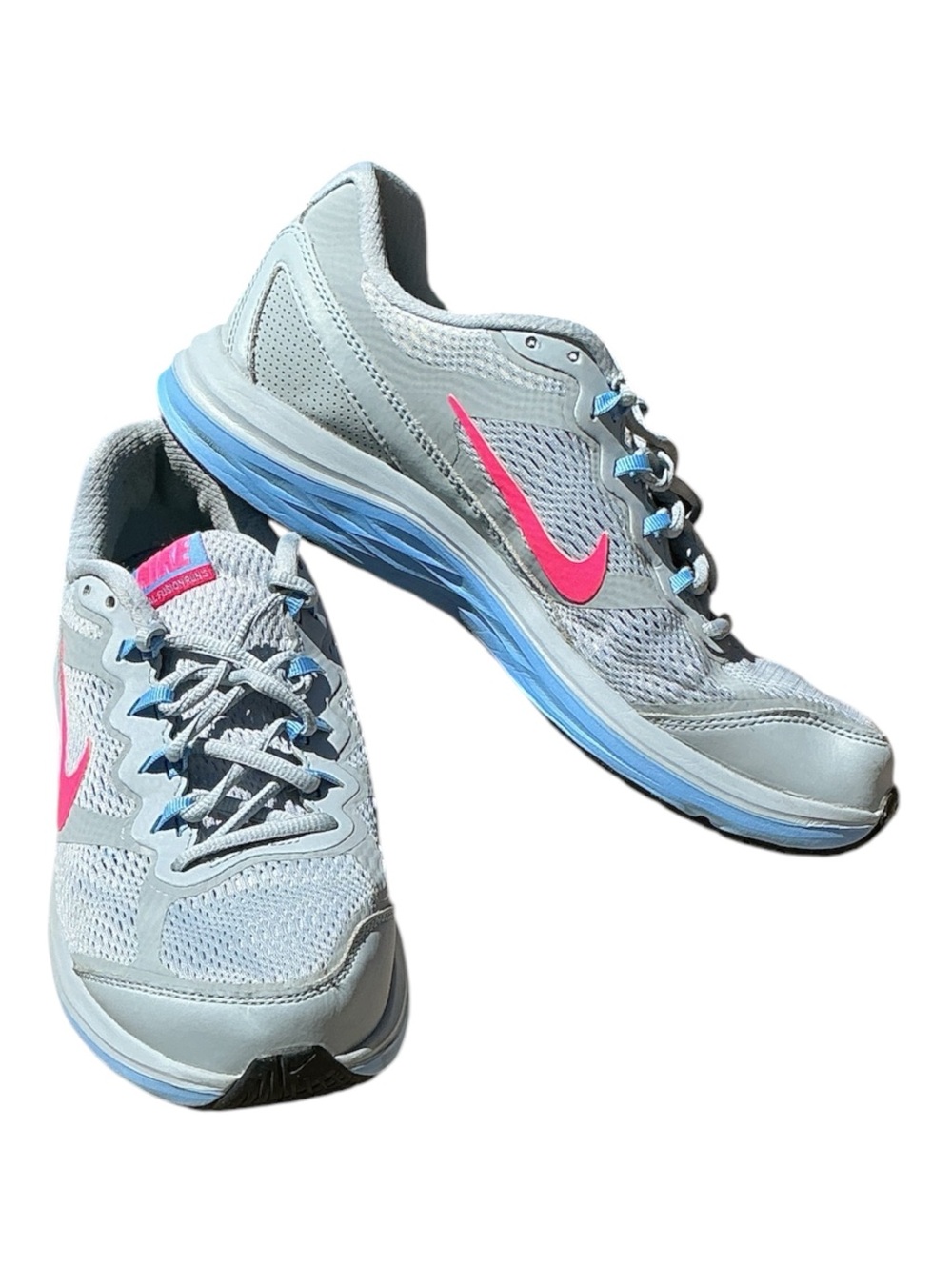 Nike Women’s Light Gray Running Sneakers with Pink Swoosh and Blue Trim